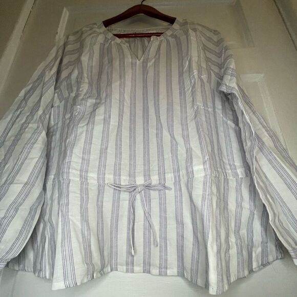 Denim&Co V-Neck Flounce Hem Linen Blend Shirt Size M - Picture 4 of 8